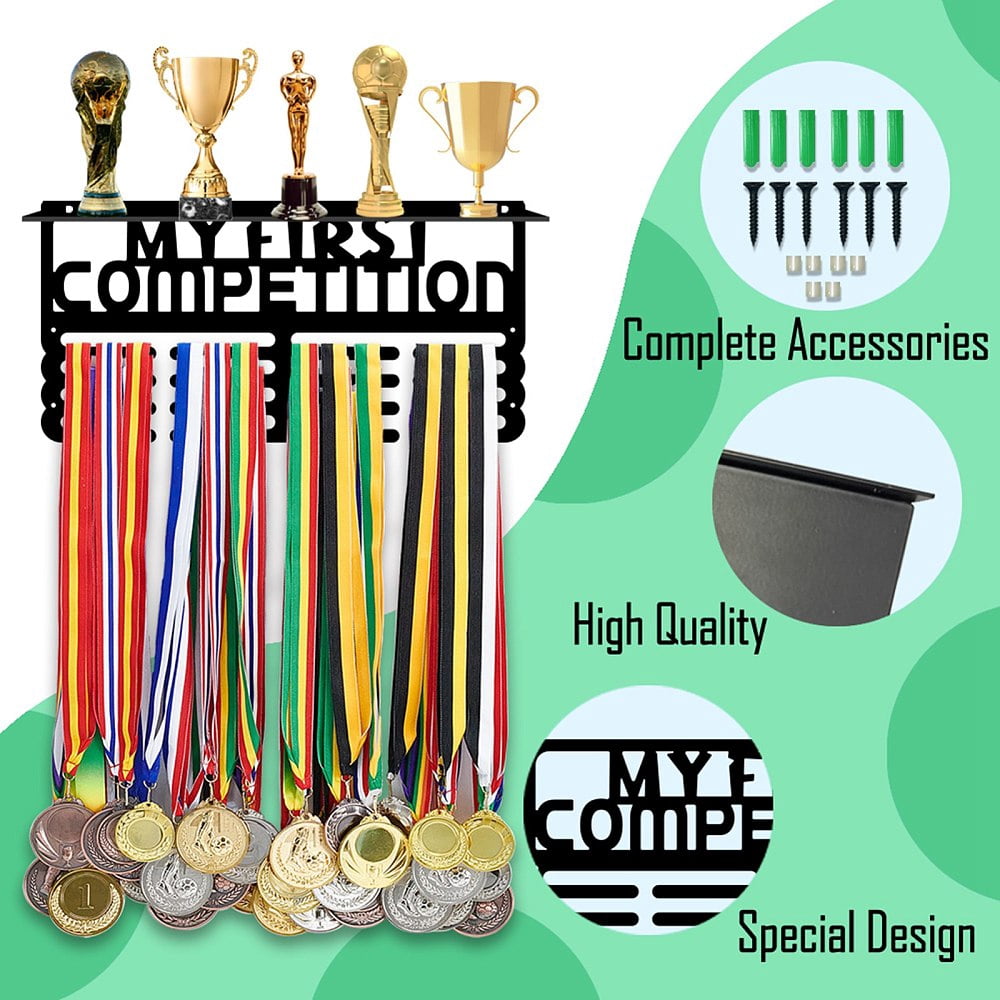 My First Competition Medal and Trophy Display Rack with Hook Medal Hanger Medal Frame with Trophy Shelf Organizer Over 60+ Medals Awards
