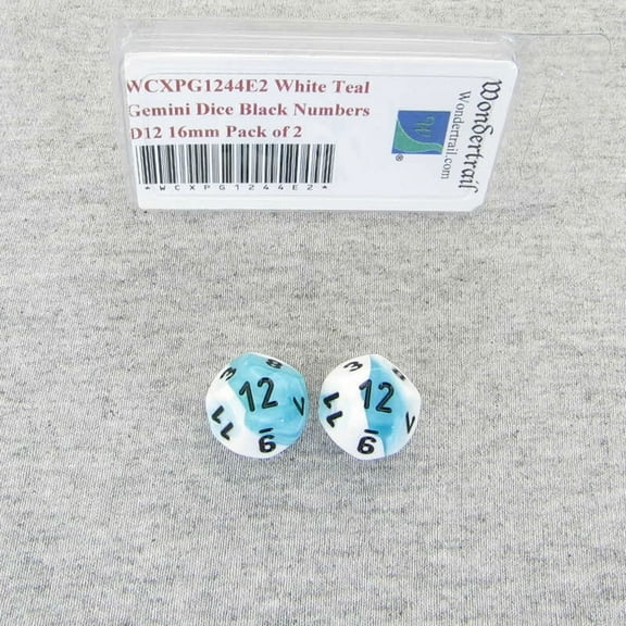 White and Teal Gemini Dice with Black Numbers D12 Aprox 16mm (5/8in) Pack of 2 Wondertrail