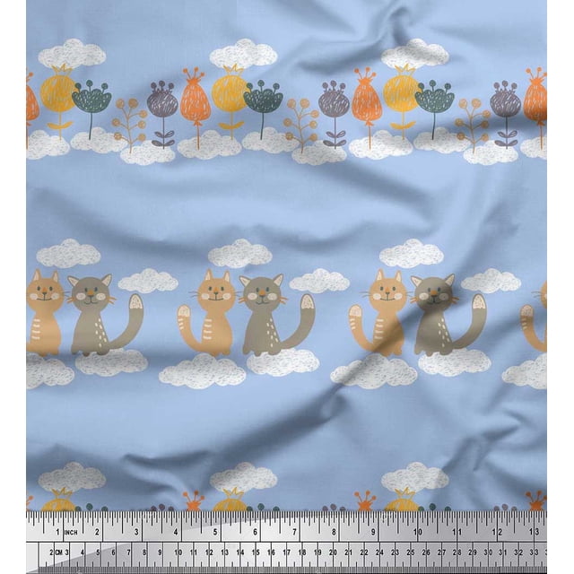 Soimoi Rayon Fabric Floral,Clouds & Cat Kids Decor Fabric Printed Yard 42 Inch Wide