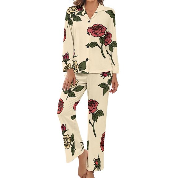 PoBuds Women's Long Sleeve Flannel Pajama Set Sleepwear Rose Pattern XL