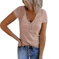 thumbnail image 2 of Baqcunre Womens Shirts Women Casual Solid Color Top Shirt V Neck Button Short Sleeve Knit Splice Shirt Fashion Casual Soft Blouse Top Womens T Shirts Womens Tops Pink XL, 2 of 6