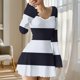 thumbnail image 1 of TaTaai Women's V Neck Long Sleeve Dress Striped Print with Ruffle Trim Elastic High Waist with Belt Casual Fall Winter Outfits Gift, 1 of 5