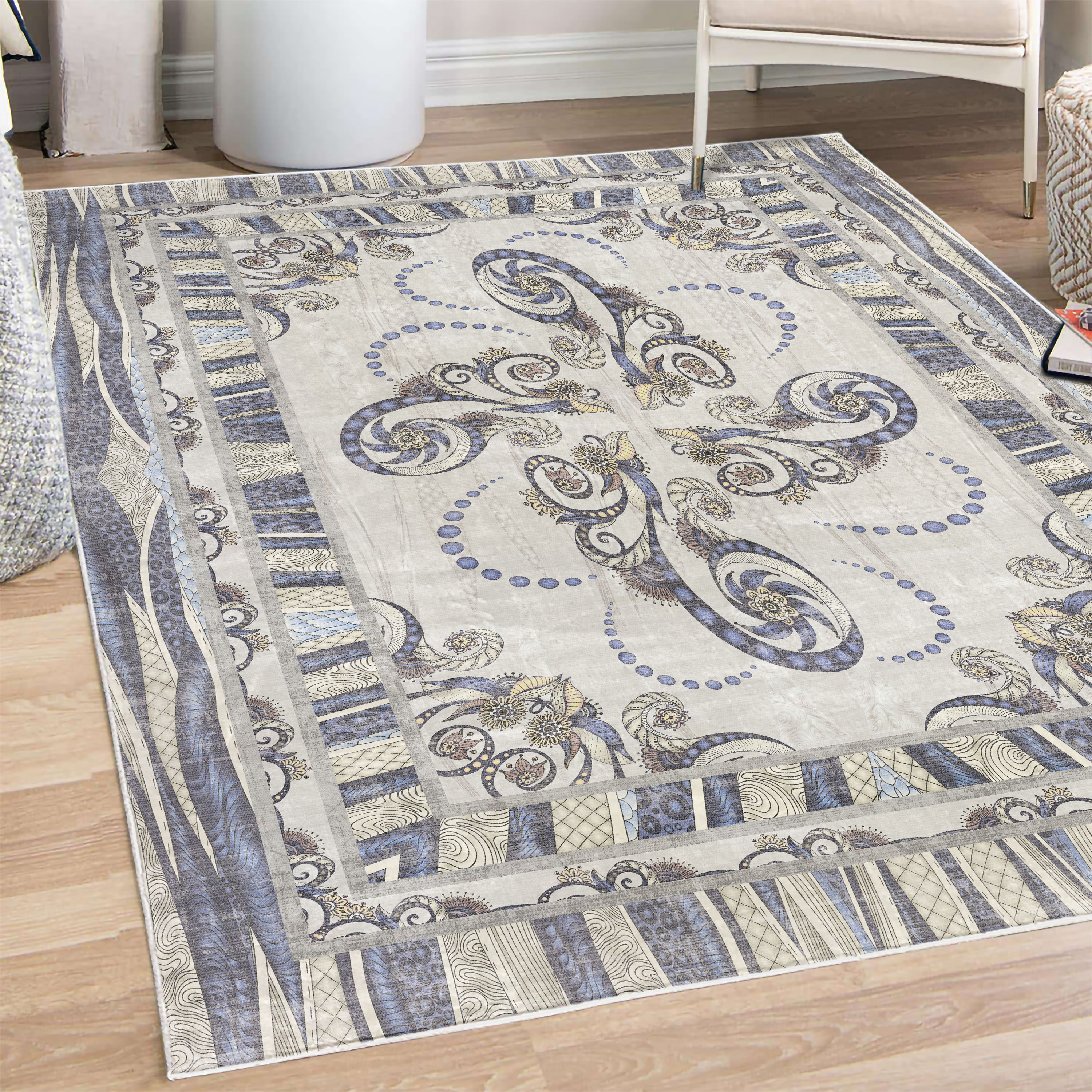 Border Deco Rugs Floral Decorative Rug, Abstract Curls of Botanical Design and Dots ...