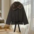 thumbnail image 2 of Womens Faux Leather Trench Coat Winter Warm Faux Fur Lined Pea Coat Trendy Long Sleeve Belted Jacket Casual Stylish Tops (L, Khaki), 2 of 7