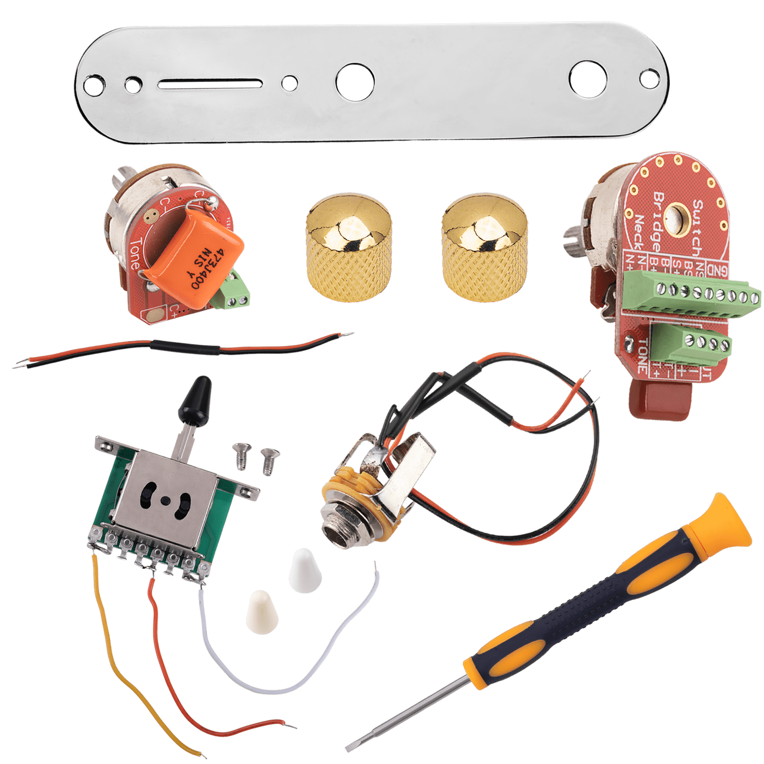 LOOKSEVEN Solderless Pre-Wired Control Plate Kit with 3-Way Switch, Aluminum Shaft Pot (1 Volume 1 Tone) Wiring Harness Easy Plug & Play Upgrade with Treble-Bleed Circuit for Telecaster Guitars