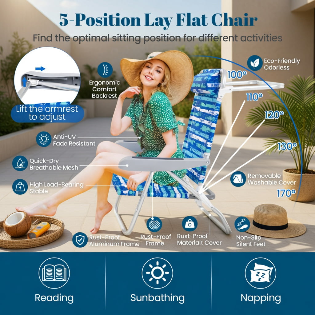 Hommoo 2-Pack Foldable Beach Chair with 5-Position Recline, Padded Headrest & Cup Holder, Lightweight Aluminum Outdoor Chairs for Beach, Camping, Picnic, Blue