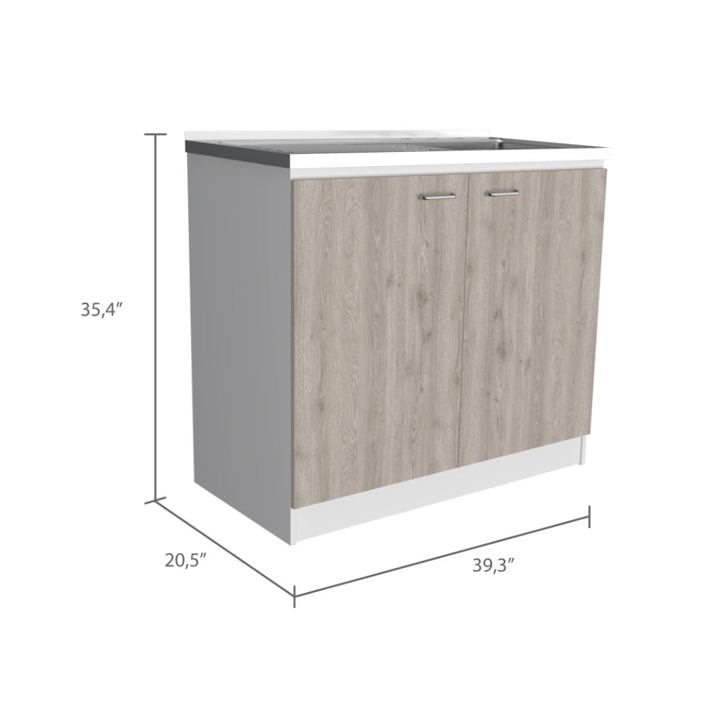 Izzovium Napoles Utility Sink with Cabinet, 39.3in L x 20.5in W x 35.4in H, Smokey Oak/Light Gray, Double Door Storage & Stainless Steel Sink, Particle Board Construction