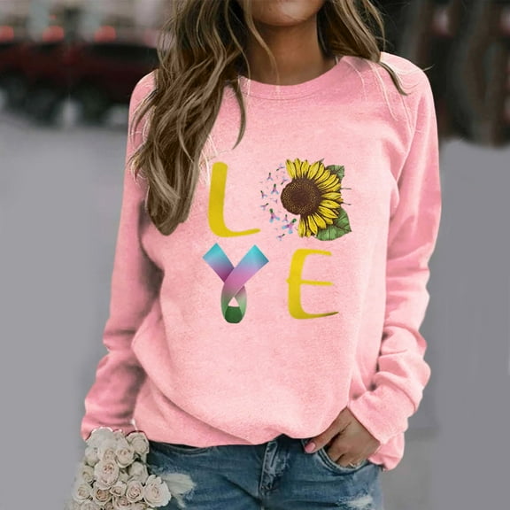 Jsaierl Breast Cancer Shirts Women Pink Ribbon Graphic Sweatshirts Trendy Long Sleeve Tops Cute Strong Breast Cancer Awareness T Shirts