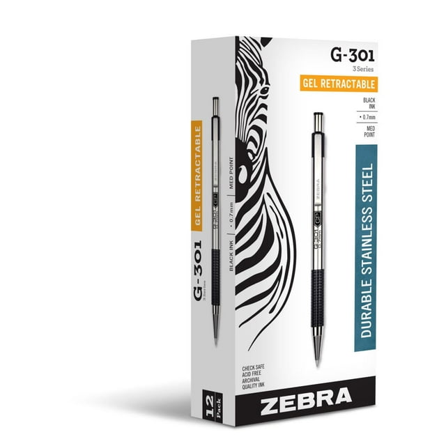 Bolígrafo de tinta de gel Zebra Pen G-301 retráctil de 0,7 mm, tinta negra, paquete de 12