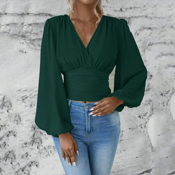 Women's Long Sleeve T-shirt Women'S Waistline V Neck Sleeve Sleeve Solid Color Ruffled T Long Sleeve Top,Green Women's Long sleeve T-shirt S
