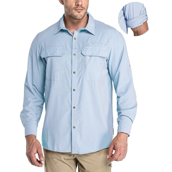 33,000ft Men's Long Sleeve Sun Protection Shirt UPF 50+ UV Quick Dry Cooling Fishing Shirts for Travel Safari Camping Hiking Light Blue