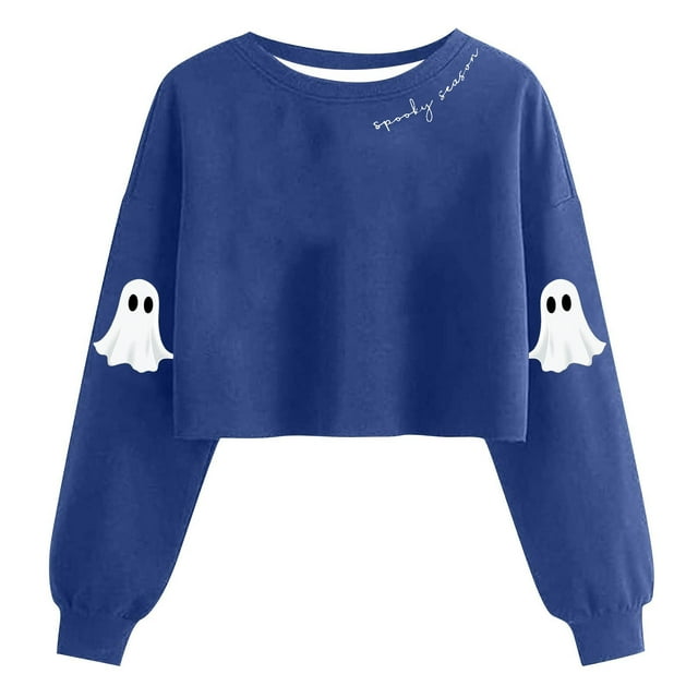 Lcziwo Chandail Court d'Halloween pour Femmes, Haut Graphique de Fantôme Mignon, Manches Longues Lanterne, Col Rond, Chandail de Saison Effrayante, Mode d'Automne, Chandail à Enfiler Bleu, G