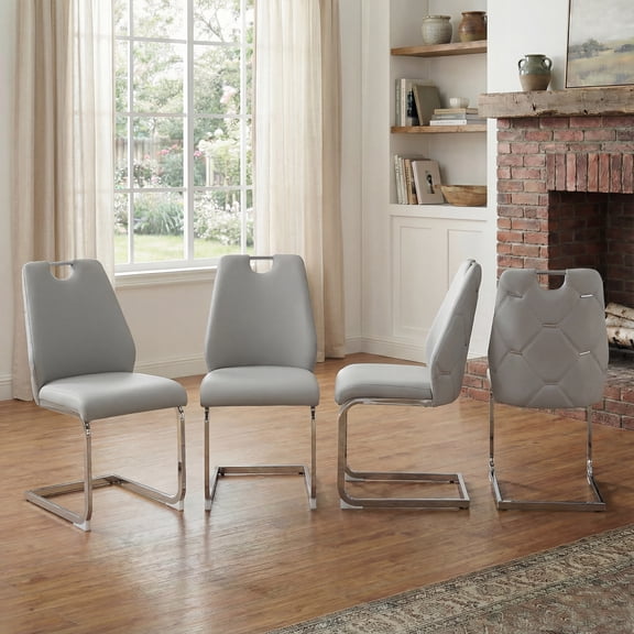 Dining Chairs Set of 4, Light Gray Faux Leather with Gold Mesh Texture, Silver Back Ring, Chrome Pull Handle, High Back