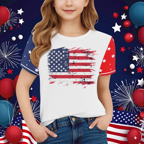 Fatuov Independence Day Tops for Girls American Flag Print 4th of July Short Sleeve Summer Comfy T-Shirt for Children Round Neck Patriotic Clothes 3-15 Years