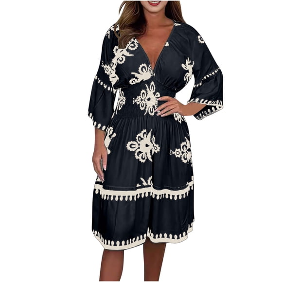 Summer Dresses with Sleeves for Women 3/4 Sleeved V-Neck Boho Floral Print Fashionable Casual Mid Calf Dress Summer Casual Elastic High Waist Smocked Loose Dress