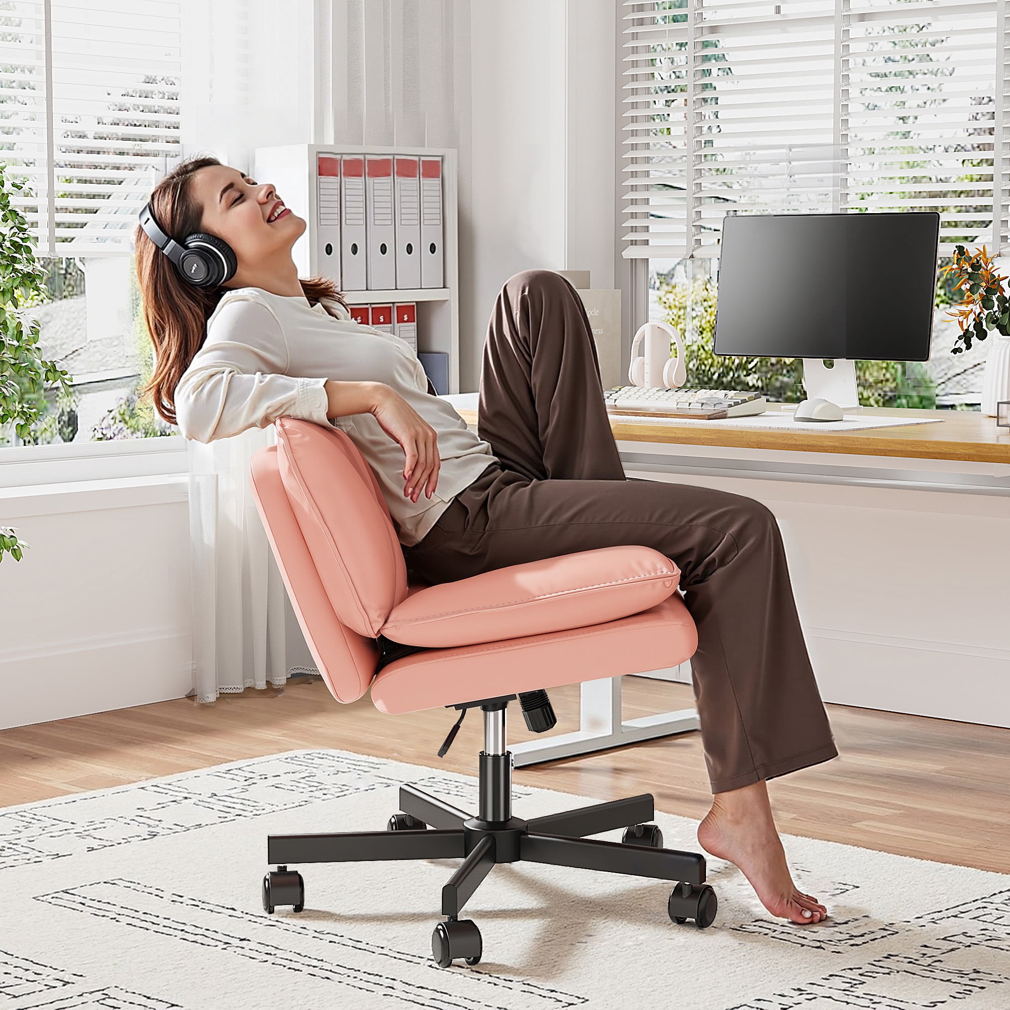 Romorgniz 27" W Chair Criss Cross Legged Office Chair Armless Adjustable Desk Chair with Wheels, Wide Seat, and 2-Layer Cushion, Pink