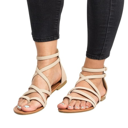 

Women s Gladiator Strap Sandals Flat Fisherman Thong Cross Strappy Sandals Open Toe Flat Sandals With Back Zipper Ankle Strap Thong Shoes Beige 6