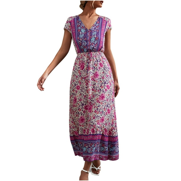Vestidos Para Mujer Moda Casual Cuello en V Impreso Elástico Manga Corta Vestido Con Botones Falda Odeerbi ODB127374