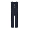 thumbnail image 4 of Jerdar Women Casual 2 Piece Short Sets Summer Leisure Suit Solid Sleeveless V Neck Button Top Pants Suit Set Lounge Set Navy S, 4 of 5