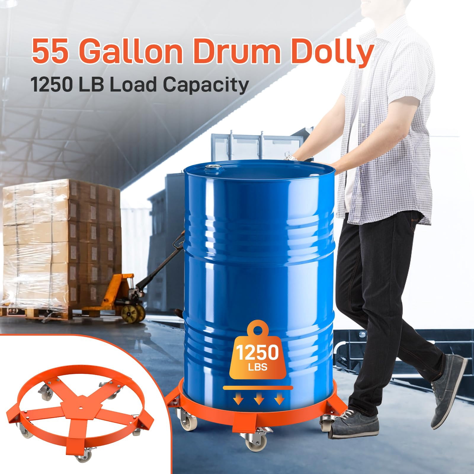 Heavy Duty Drum Dolly, 1000/1250lbs Load Capacity, Barrel Dolly Cart Drum Caddy, Non Tipping Hand Truck Capacity Dollies with Steel Frame & Swivel Casters Wheel for Warehouse Drum Handling