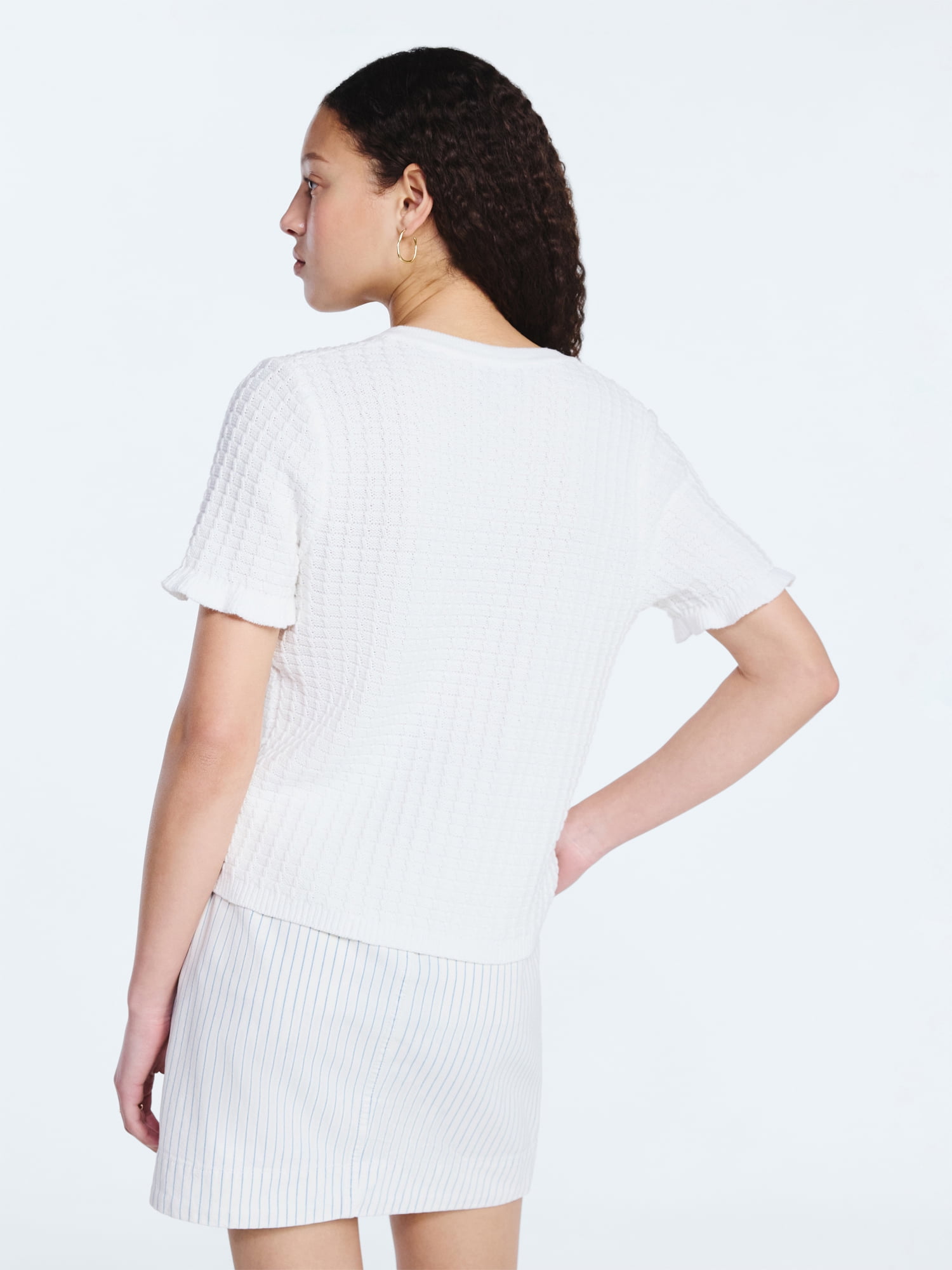 Free Assembly Women's Cotton Basketweave Cardigan Sweater with Short Ruffle Sleeves, Lightweight, Sizes XS-XXL