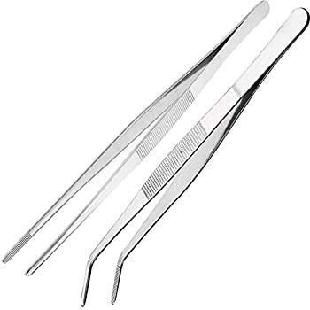 HINMAY Extra-Long Tweezer Tongs 12-Inch Stainless Steel Tweezers with Hook Set of 2 