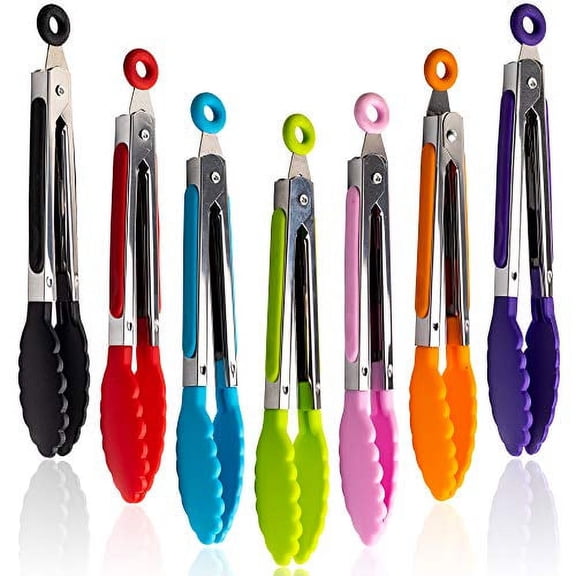 7 Pack Kitchen Tongs Set 7-Inch Color Mini Small Food Tongs with Stainless Steel Silicon Handles and Nylon Tips Heat Resistant Tongs for Cooking,Serving,BBQ,Grilling,Salad and More.