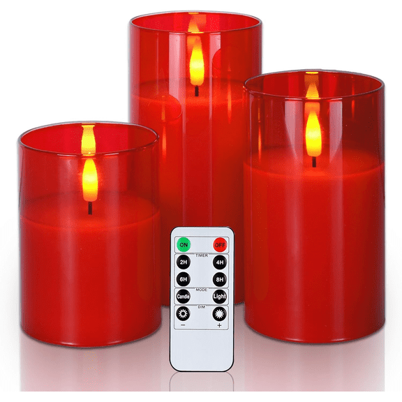 Goyuon  Red Flameless LED Pillar Candles Remote Control Timer Smokeless 3 Pack 3"D x 4/5/6"H