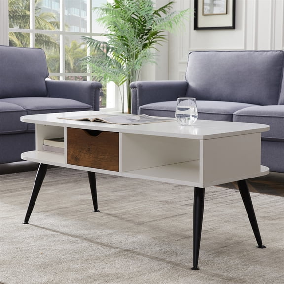 Tcbosik 44" Wooden Coffee Table with Open Shelf, 2-Tier Accent Center Table with Drawer for Living Room, Meeting Room, White