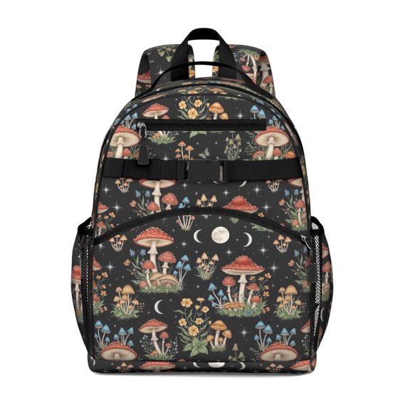 Mushroom and Flower Black Pattern Backpack for School, Cute School Bag with Adjustable Shoulder Straps and Padded Back, 15.25"x11.5"x5.25"
