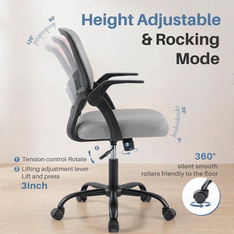 Simenmax Ergonomic Office Chair, Home Desk Computer Mesh Chair with Flip-Up Arms, Breathable Mid Back Chair for Small Spaces, Gray