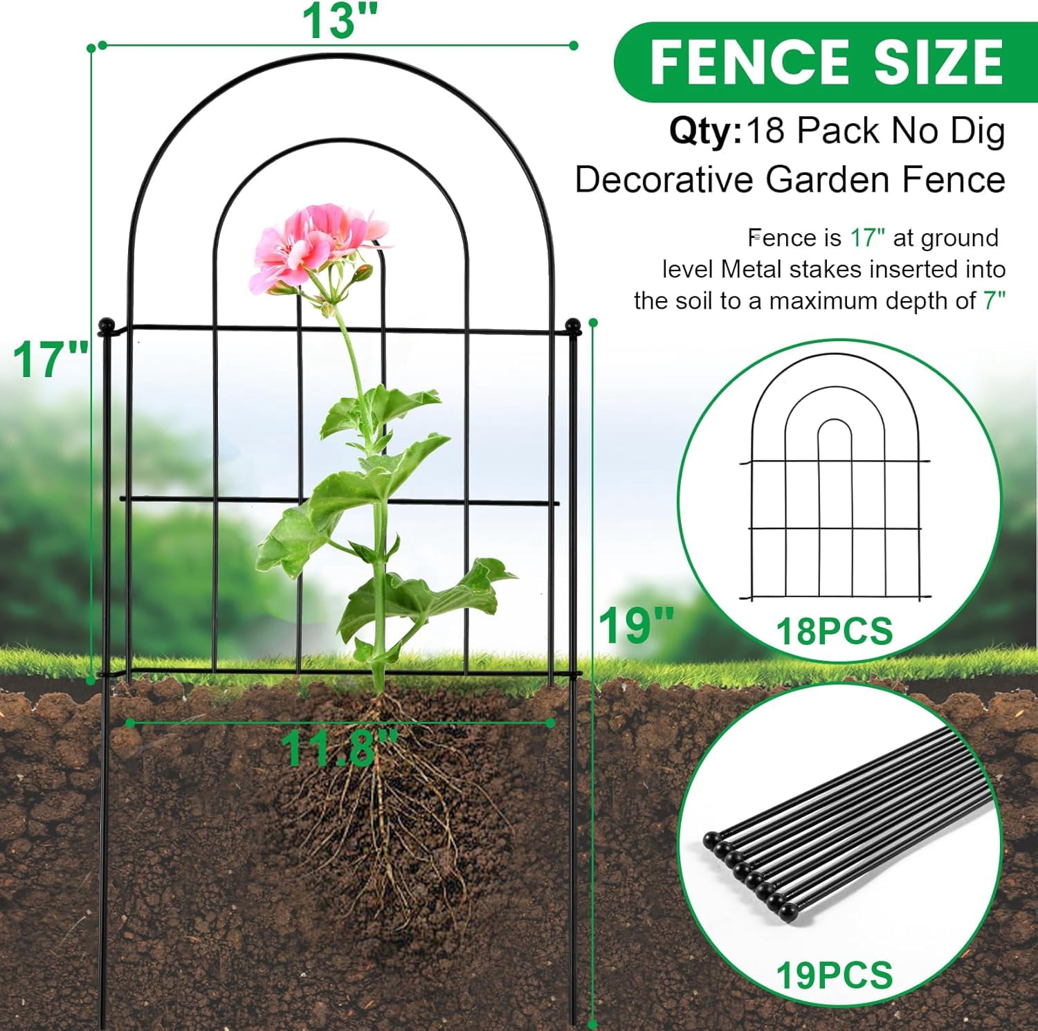 18 Pack Decorative Garden Fence Animal Barrier: 17 in(H) x 18 ft(L) Border Flower Rabbit Garden Fencing Small Arched Rustproof Metal No Dig Fence Landscape Decor for Yard