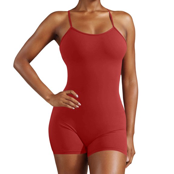 MVRLSH Shapewear Tummy Control Sleeveless V Back Backless Stretchy Workout Yoga One Piece Jumpsuit Body Shaper Shorts for Women Red - XXL