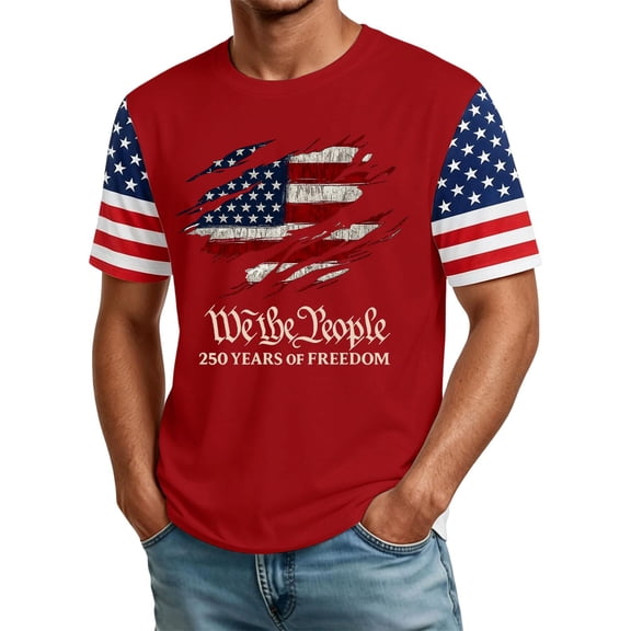 Zimjoy Fourth of July Shirts for Men Patriotic Crew Neck Short Sleeve 250 USA Anniversary Shirts USA Flag Spliced Men's Independence Day Shirts, Red 2XL