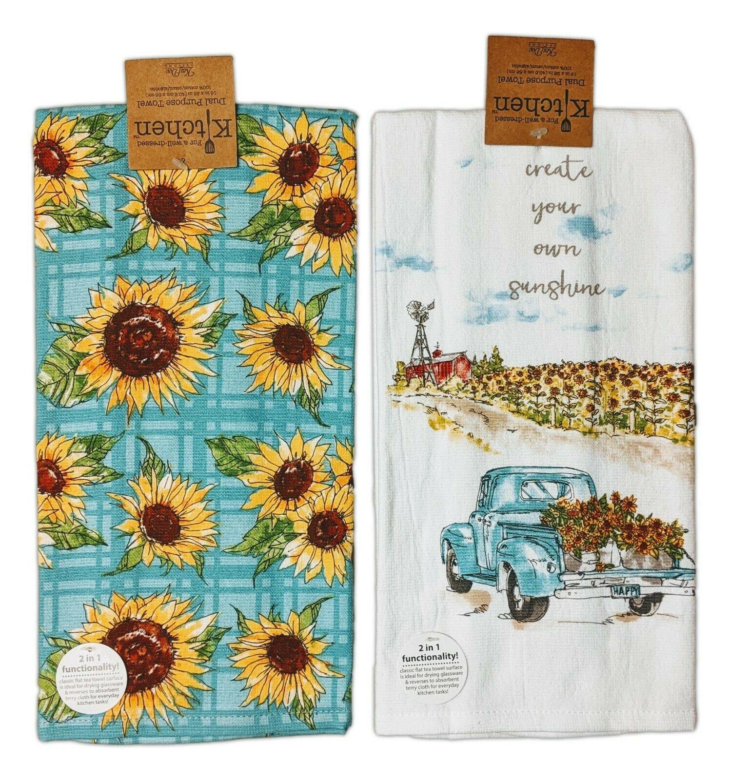 Set of 2 SUNFLOWER FIELDS Truck & Floral Terry Kitchen Towels by Kay