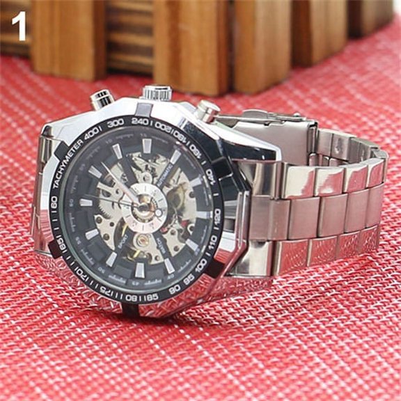 UDIYO Men Hand-Winding Skeleton Automatic Mechanical Stainless Steel Sport Wrist Watch
