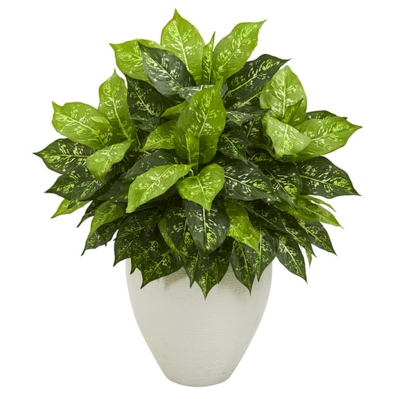 Nearly Natural Plastic 28" Dieffenbachia Artificial Plant in White Planter, Green
