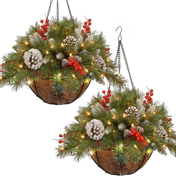 2026 Pre-Lit Artificial Christmas Hanging Basket, 2Pc Christmas Hanging Planter Basket With Snowy Pine Cones Red Berries Warm LED Lights, Winter Front Porch Home Decor For Holiday Party