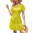 thumbnail image 2 of IBTOM CASTLE Women Short Sleeve Hollow Out Mini Dress Summer Casual Ruffle A-Line V Neck Sundress Beach Lace Vacation Dress S Yellow, 2 of 6