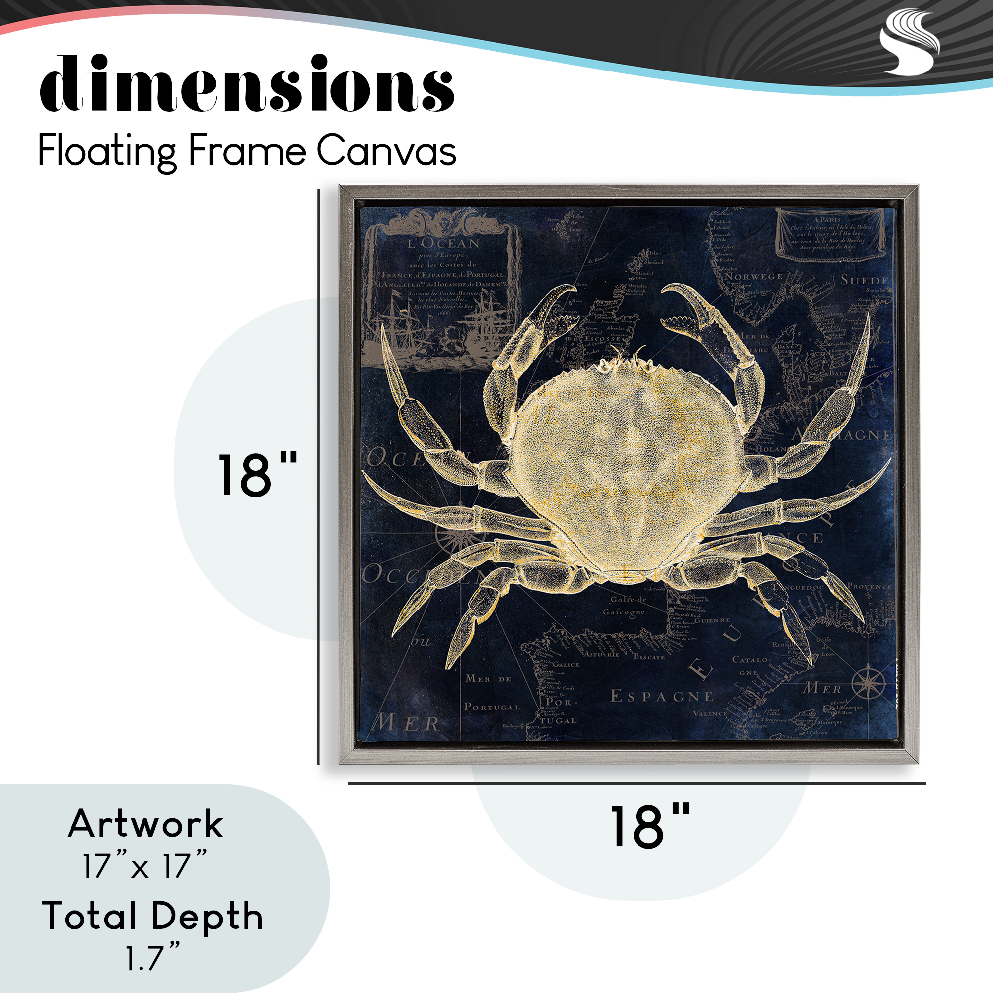 Crab Contour over Map Gray Framed Floater Canvas Wall Art, design by Sasha