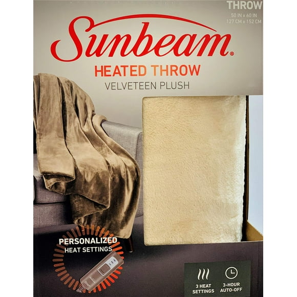 Sunbeam Velveteen Plush Electric Heated Throw Blanket Machine Washable 3-Heat Setting and Auto-Off, Cream Beige/Sand