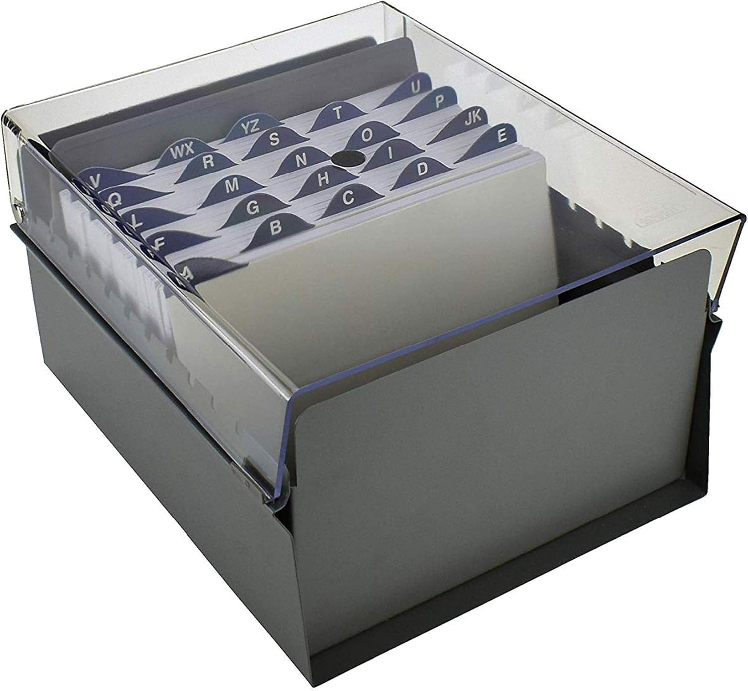 Acrimet 5 X 8 Card File Holder Organizer Box Metal Base Heavy Duty (AZ Index Cards and Divider Included) (Gray Color with Clear Crystal Plastic Lid Cover)