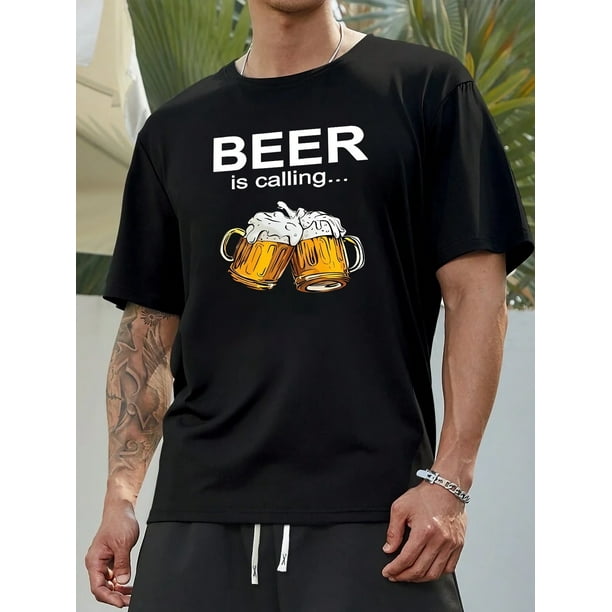 Interesting Sentence BEER Is Calling Print T-shirt For Men, Casual Short Sleeve T-shirt For Summer