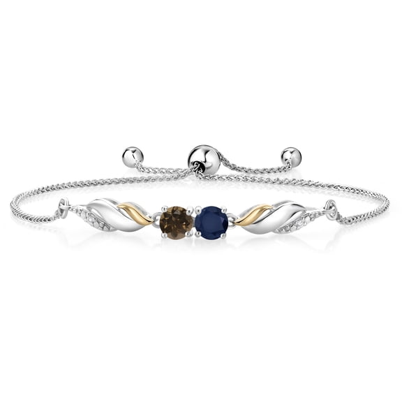 Gem Stone King 1.12 Ct Blue Sapphire Brown Smoky Quartz 925 Silver and 10K Yellow Gold Lab Grown Diamond Bracelet for Women
