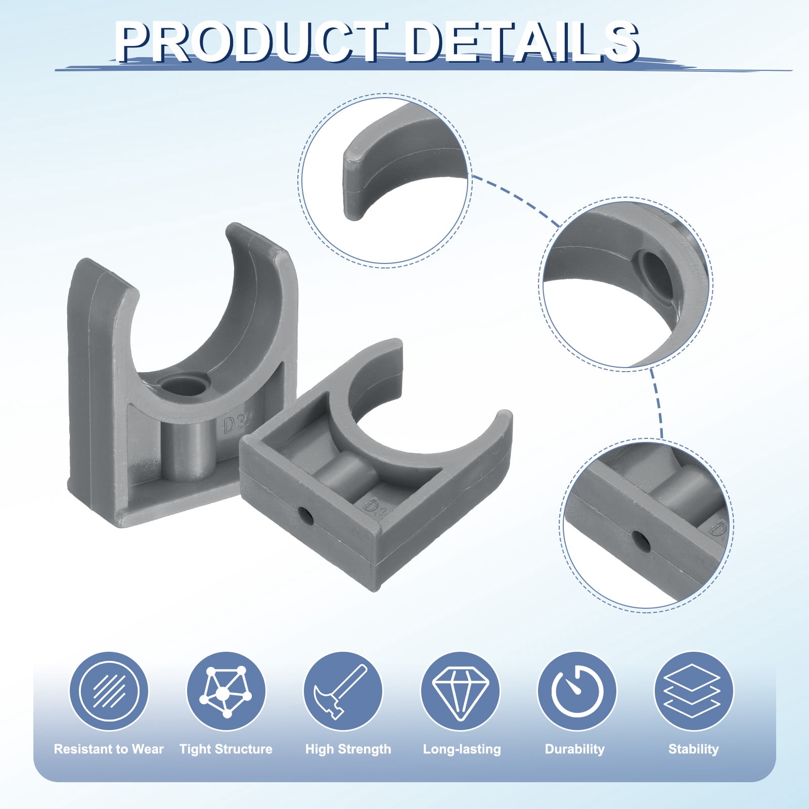 40Pcs Water Pipe Clamps Clips, U-Shaped Water Pipe Buckles Pipe Tubing Clamps for 1.3" OD TV Trays Pipe Tubing Hose Hanger Support Tubing, Grey