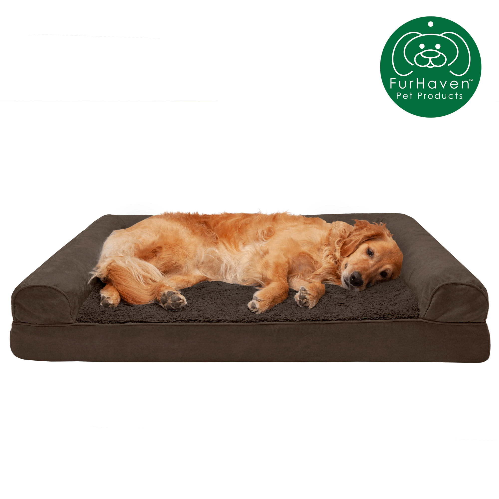Furhaven Pet Dog Bed Plush & Suede Pillow Sofa-Style Couch Pet Bed for Dogs & Cats Espresso Jumbo