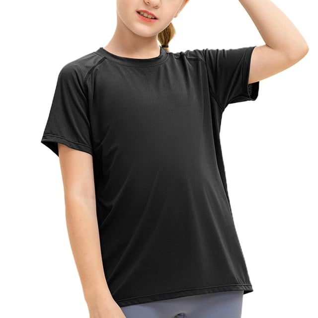 Camiseta deportiva para niños, de manga corta, transpirable, cuello redondo, secado rápido, para correr y fitness - Negra