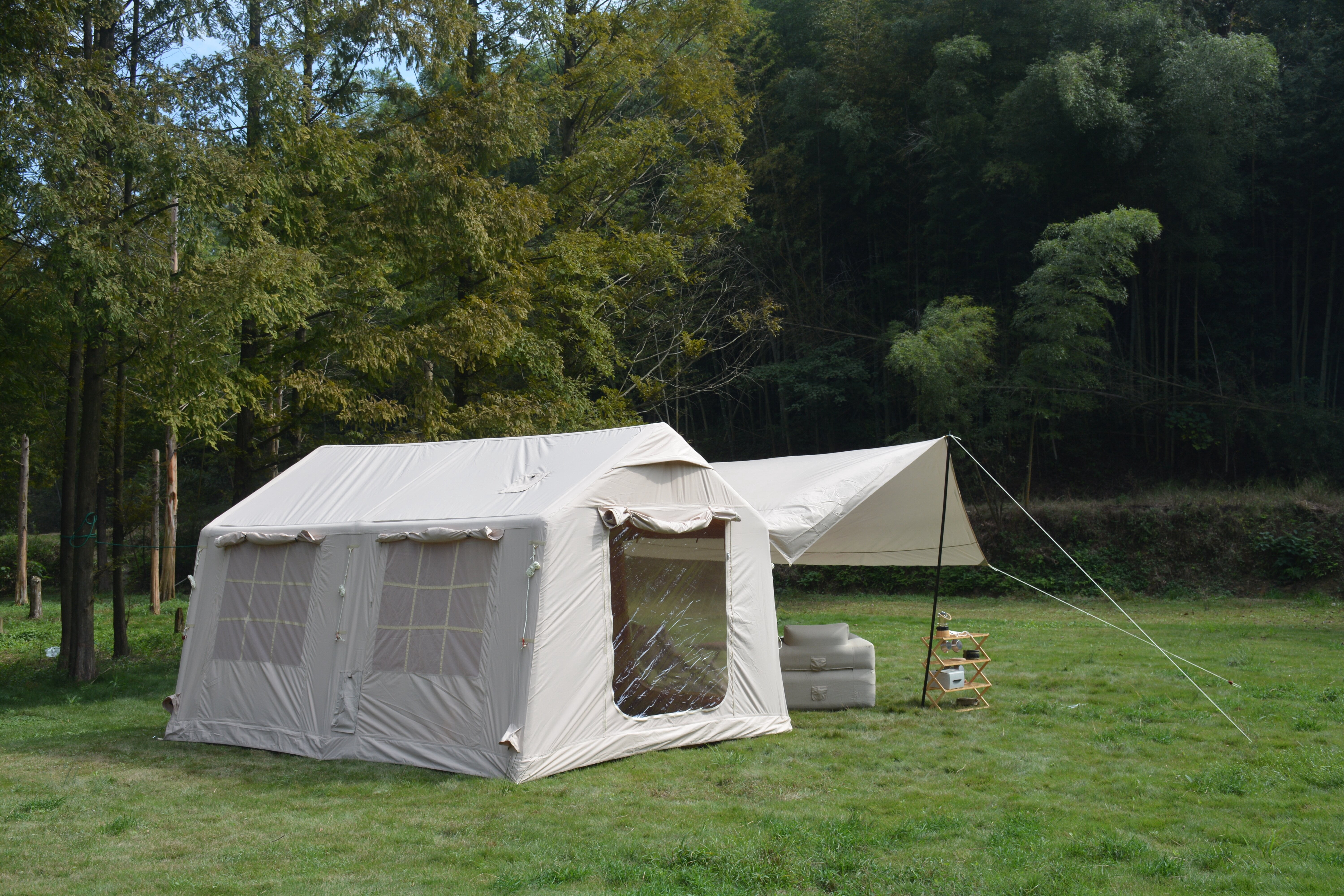 Acpouw 9.8 x13ft with canopy, Inflatable Camping Tents with Hand Pump, Air Glamping Tents, Easy Setup Waterproof and Windproof Blow up Tent Beige
