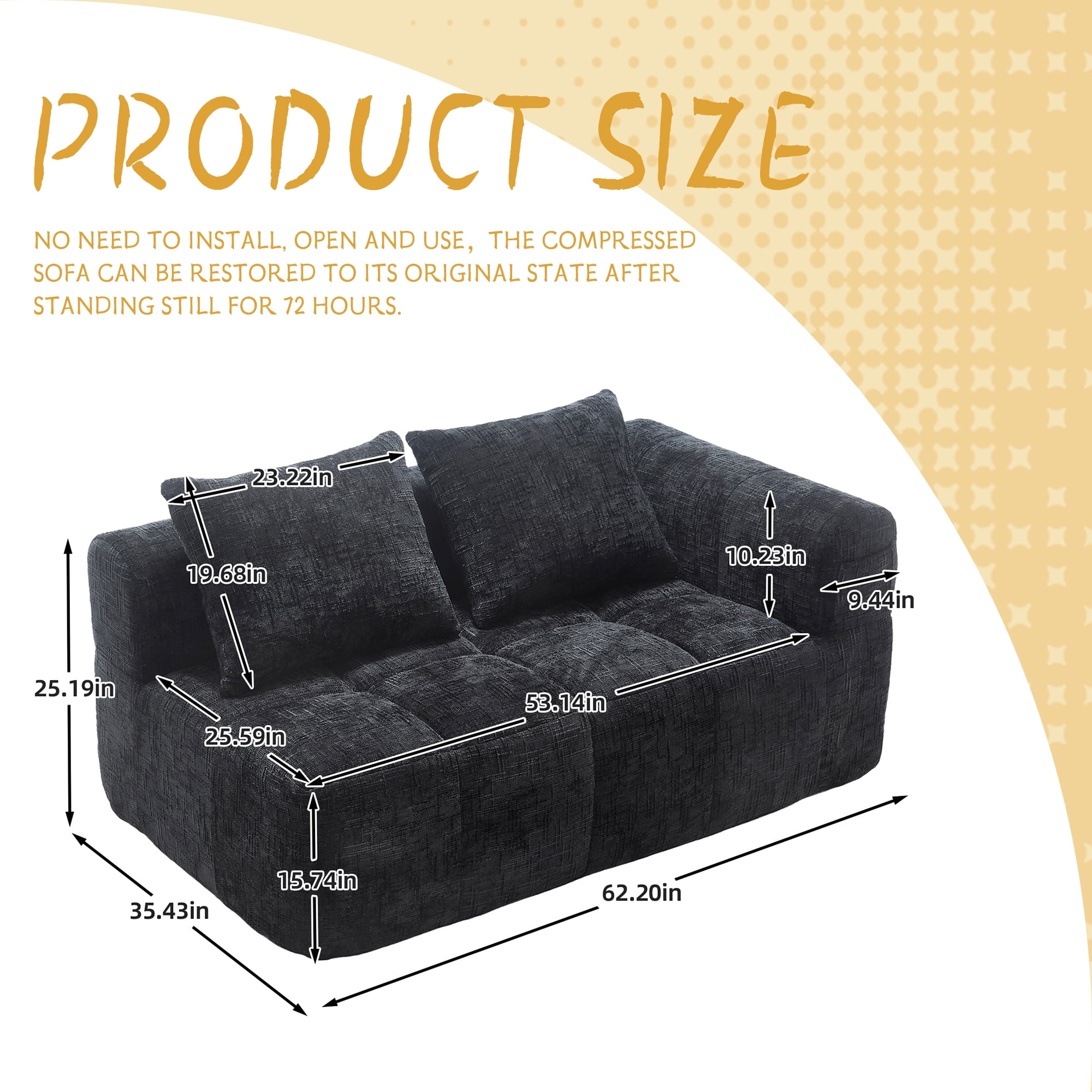 MOONMISS Chenille Upholstered Modern 2-Seater Lazy Compression Sofa with Small Side Pocket-Black