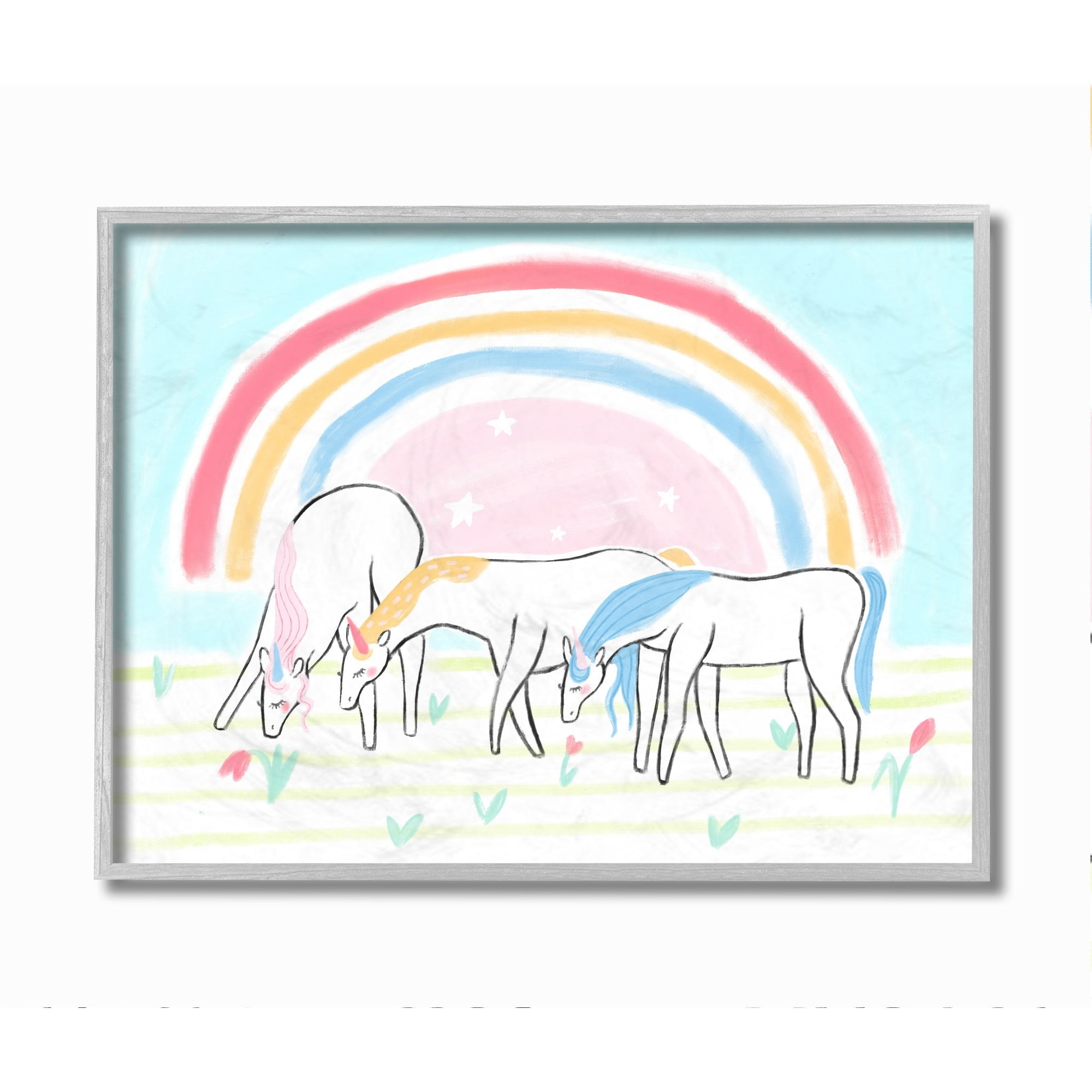 Stupell Industries Unicorns Grazing Rainbow Floral Field Kid's Illustration Framed Wall Art Design by Daphne Polselli, 11" x 14", Black Framed